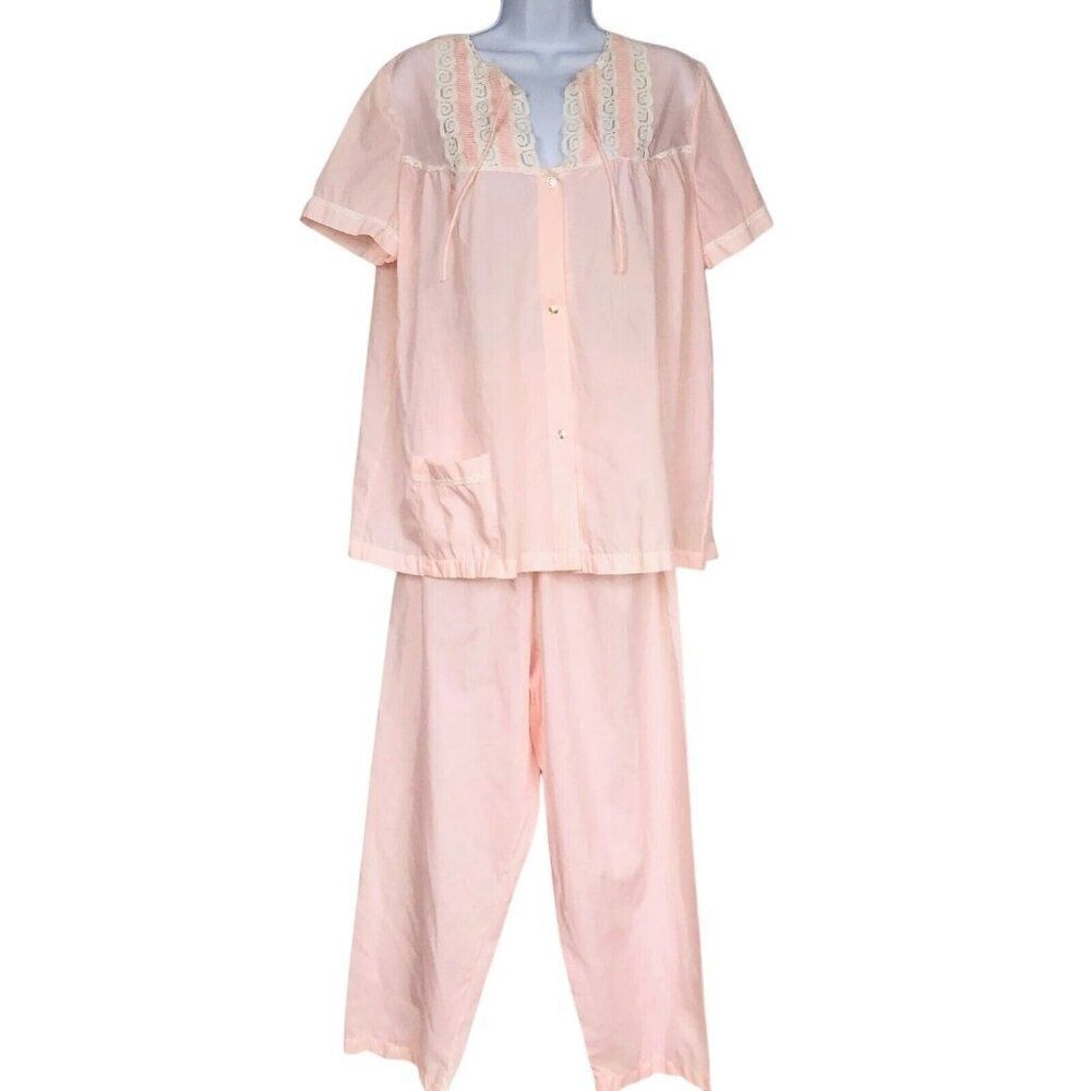 Vintage Komar Womens M Pajama Set Pink White Lace Short Sleeve Top Bottom